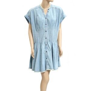 Anthropologie Pilcro Shirred-Waist Buttondown Mini Dress Denim Blue XL 283498